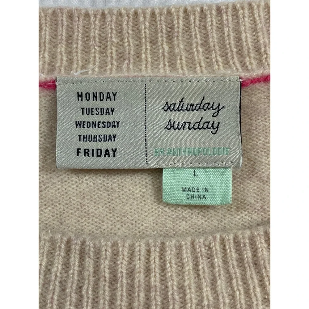 Saturday Sunday Anthropologie Peace Graphic Knit Sweater Tan‎ Blue Size L